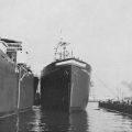 The SS Albert Gallatin just after hitting the water on launch day, February 12, 1942