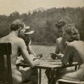 Photograph of nudists playing cards, in On Going Naked by Jan Gay, 1932