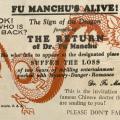 Advertisement for visit by Dr. Fu-Manchu to the Plaza Theater in Cavit (back)