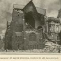 Photograph of a crumbled St. Luke's Episcopal Church with smoke in the background, in San Francisco’s Great Disaster