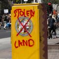 The "Farce of July" protesters and "Stolen Land" graffiti on an electrical box Olvera Street, 2020, KRT.D.B1.18.3553 