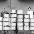 Plant Superintendent L. F. Krehbiel and Laboratory Director Joseph Wenger ready milk for a delivery to President Roosevelt on the U. S. S. Houston, 1936