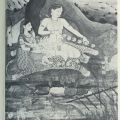 Image of a Kangra painting: Śiva, Three-eyed, wearing snakes, in  burning-ground, threading skulls with his sons, Ganesa and Skanda.