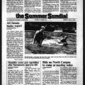 Summer Sundial front page showing kids playing in the pond on campus, July 14, 1983