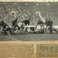 Scrapbook page article, Oxy Athlete Quartet Wins Phi Beta Keys, 1929. Photograph of Occidental College football players in action, circa 1920s, and partial Occidental College report card, September 1926  