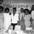 Honorees and guests of the Watts Branch NAACP Freedom Fund Banquet pose with Assemblywoman Maxine Waters at the Chester Washington Golf Club House in Los Angeles. Pictured are (from left), honoree, Sadie Robinson; honoree, Marcine B. Shaw; guest speaker, Maxine Waters; honoree, James H. Hawkins Sr.; Watts Branch NAACP member Elizabeth (Pat) Eastman, and an unidentified man. 1984. Digital ID: 11.06.GC.N35.B22.01.06.82A