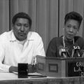 Maxine Waters (right) and Willis Edwards (left) speak at press conference against racist comments made by Major Baseball League executive Al Campanis about African American baseball players during a live interview on ABC-TV's "Nightline." 1987. Digital ID: 11.06.GC.N35.B13.17.100.20