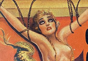 Detail of cover illustration from Weird Tales Volume 29, Number 1, "Children of the Bat"