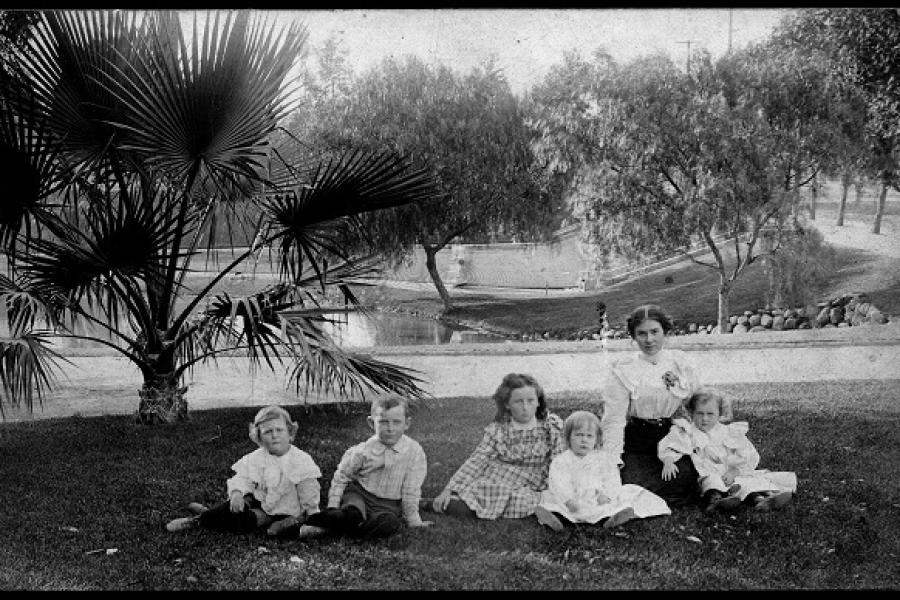 Lillie Mulholland and children at Hollenbeck Park.