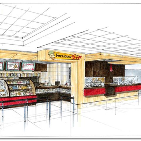 Artist's rendering of Freudian Sip cafe in lobby