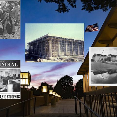 Collage of the groundbreaking, construction and reconstruction after earthquake of the CSUN University Library