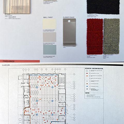 Floor plans and materials for the new combined Teacher Curriculum Center and Music & Media departments