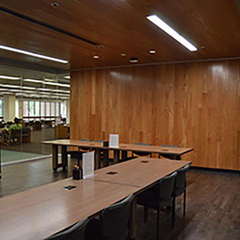 The newly redesigned Reading Room in Special Collections & Archives offers a quiet research space in a beautiful wood-paneled room.