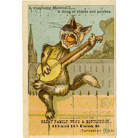 A feline adaptation of a character from the Gilbert and Sullivan opera, The Mikado, advertising for the Great Family Wine & Bottling Company.