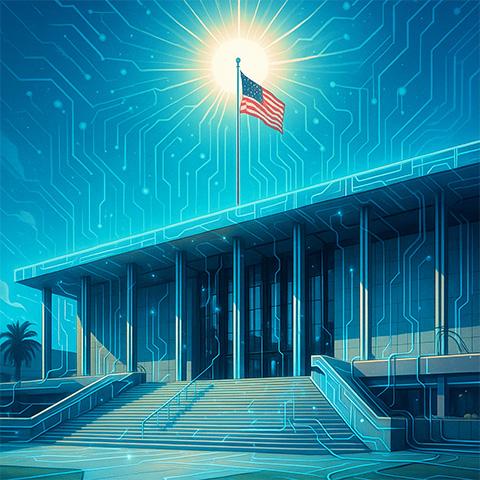 AI Generated image of the University Library at California State University, Northridge, blue with circuits and a shining sun behind an american flag.