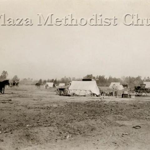 A few tents and horses in a field.