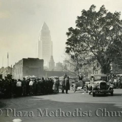 People and cars on the streets  near LA city hall