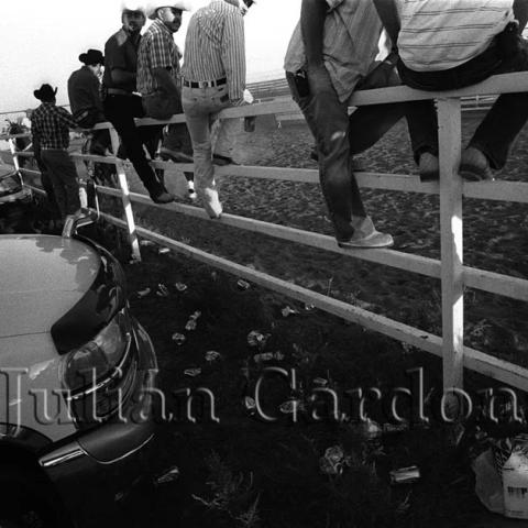 Men sitting on a wooden fence and cars parked next to them.