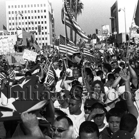 Large group of people protesting in the streets.