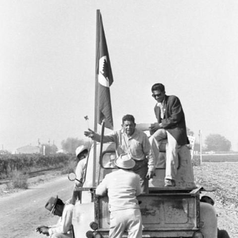 Men sitting on the back of the truck.