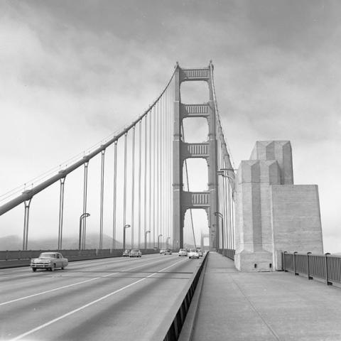driver's view of suspension bridge