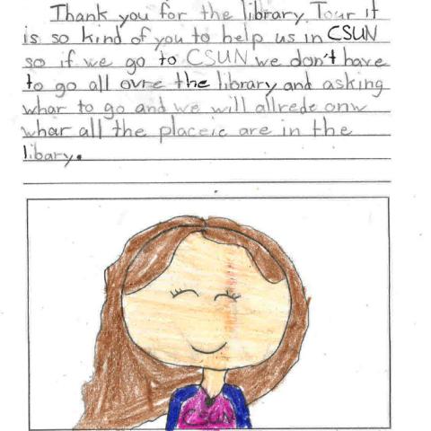 Letter from child after taking a tour of the library with a drawing