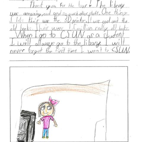 Letter from child after taking a tour of the library with a drawing of a 3d printer