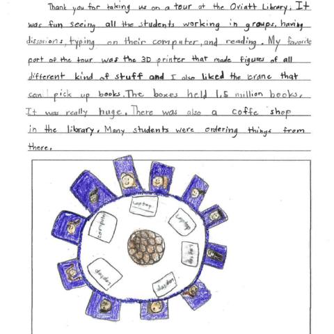 Letter from child after taking a tour of the library with a drawing a group discussion table