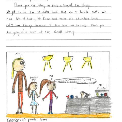 Letter from child after taking a tour of the library with a drawing of a 3D printer