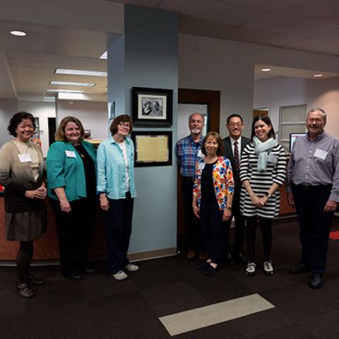 (L - R) - Rueyling Tsay, Kathy Dabbour, Mara Houdyshell, Rick Nupoll, Nancy Young, Edward Park, Lindsay Brown, Dean Arnold -- current and former staff at the Music; Media / TCC Grand Opening