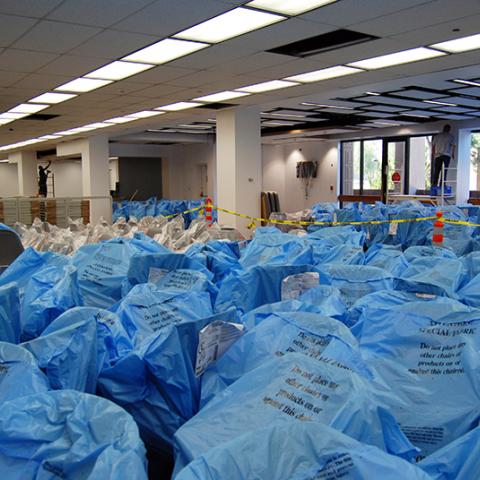 A Sea of Blue Plastic -- Getting Ready to Unpack our Furniture