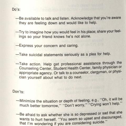 Suggestions on helpful interactions with someone considering suicide, 1989. College of Humanities Records.