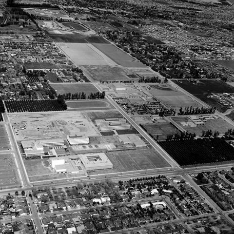 Aerial view of CSUN showing the Fine Arts Buildings and others around it, ca. 1960s