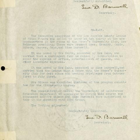 Minutes from one of the first board meetings of the League of Women Voters of Los Angeles, October 4, 1921