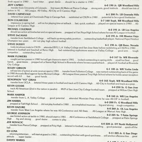 First page of mini-bios on the squad. Deaf CSUNian Tim Blair expected to be a starter in the 1981 season. Intercollegiate Athletics Records