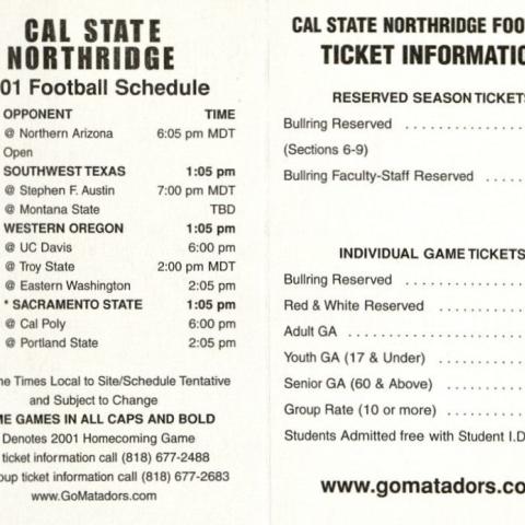 Matador football schedule for 2001, the team’s final year of play. Intercollegiate Athletics Records