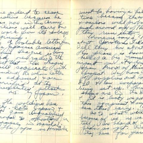 Diary entry for December 7, 1941, Pearl Harbor Day: "The soldiers here really hate Japan . . ."