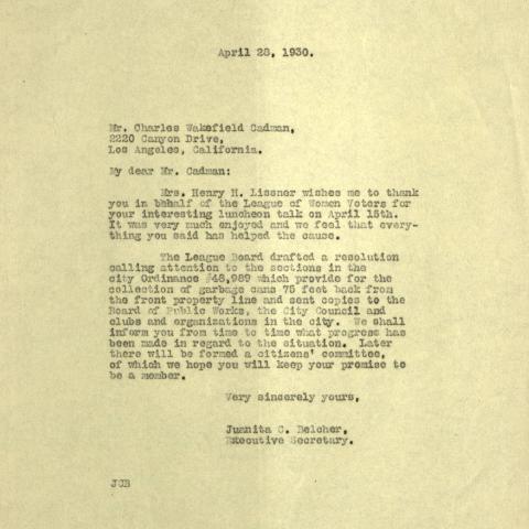 Letter of thanks to luncheon speaker Charles Wakefield Gadman, April 28, 1930
