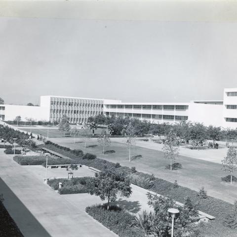View of the Fine Arts building facing northwest ca. 1962. This Richard Neutra building was razed after the Northridge earthquake in 1994. Maple Hall now stands in the approximate location. 