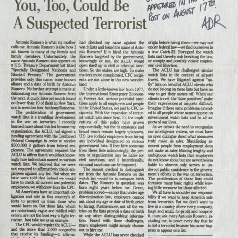 Op-ed article about American civil liberties in the wake of the Patriot Act
