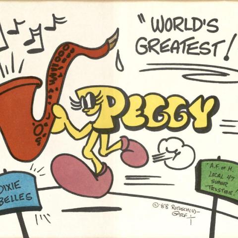 A cartoon drawing done for Peggy Gilbert in 1988