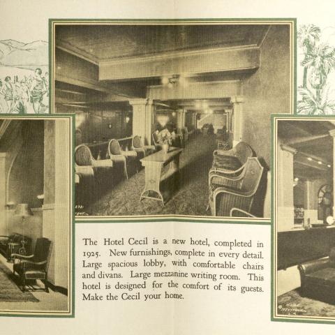 Brochure from the Hotel Cecil in Los Angeles featuring interior photos