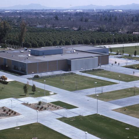 The cafeteria was among the first permanent buildings constructed on campus is seen here from Sierra Tower looking southeast ca. 1966. It would later be renovated in 1977 as the campus bookstore. 