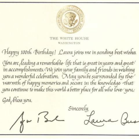 Presidential 100th birthday card for Peggy Gilbert