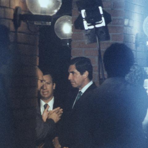 Costa Rican president and activist, Oscar Arias Sanchez, preparing for a press conference. Box 3, Folder 1. 