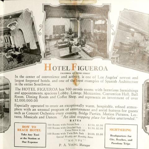 Brochure from the Hotel Figueroa in Los Angeles with interior photos