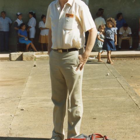 Michael Emery in Nicaragua with press badge in pocket. ca. 1985-1986. Box 1, Folder 8.
