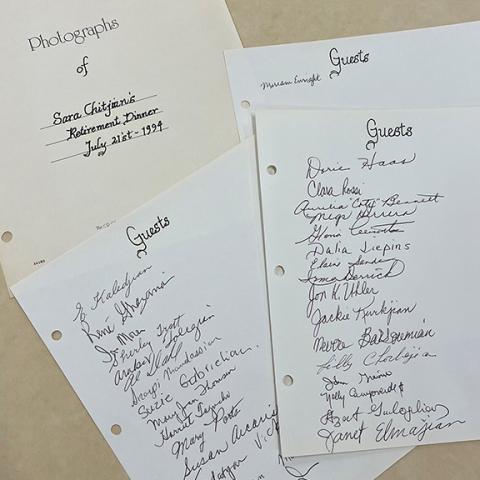 Guest signature pages from  Sara Chitjian's retirement party photo album, 1994, Zruhy ”Sara” Chitjian Collection, Box 108 Folder 7.