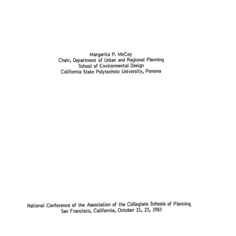 Cover page of McCoy’s “Linking Science and Practice” presentation at the National Conference of the Association of the Collegiate Schools of Planning, 1983. Box 23, folder 6.