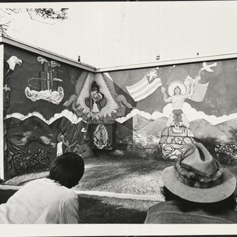 Estrada Courts Chicano Murals:  Two Flags by Sonny Ramirez, 1973, photograph by Fitzgerald Whitney, Frank del Olmo Collection